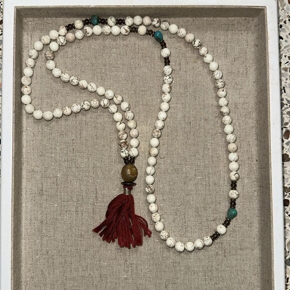 Silver & Sage Mala turquoise smoky quartz magnesite necklace red tassel - Picture 5 of 6